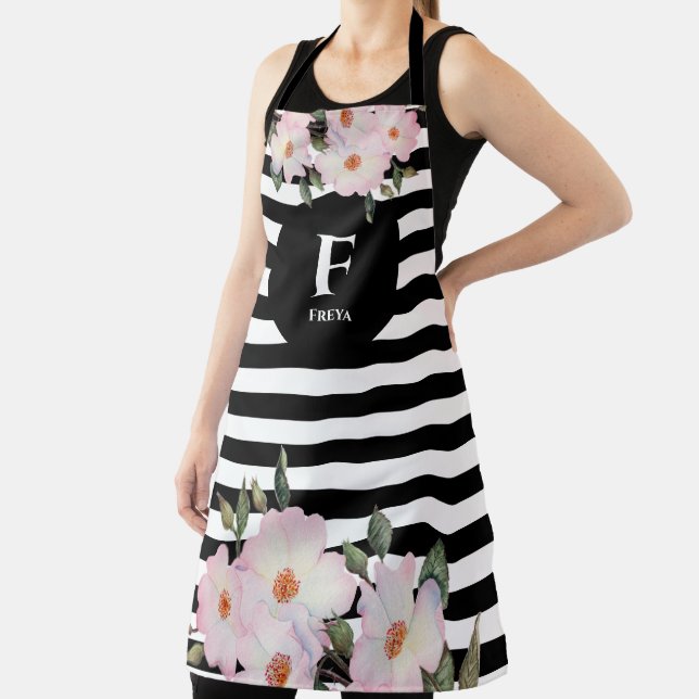 Watercolor Pink Roses Ballerina Monogram Stripes Apron (Insitu)