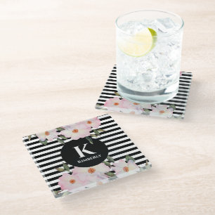 Watercolor Pink Roses Ballerina Stripes Monogram Glass Coaster