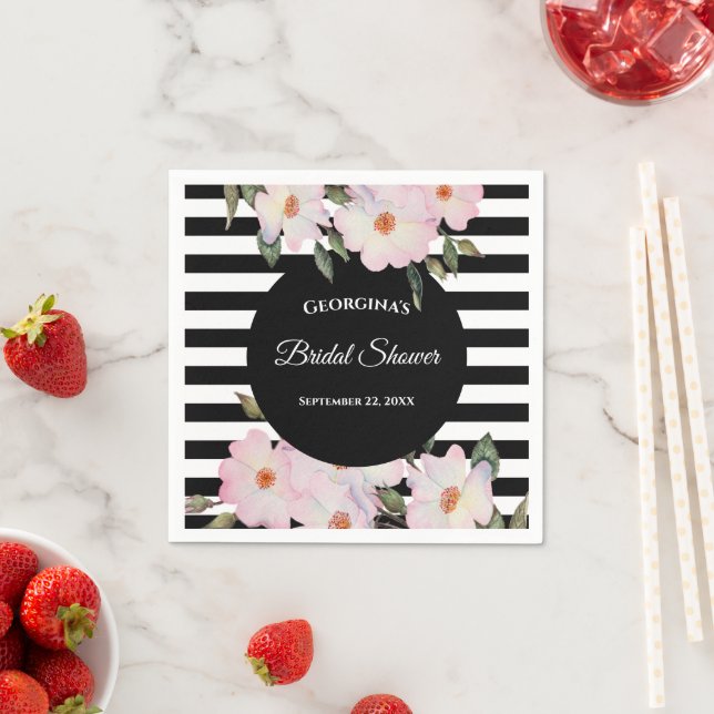 Watercolor Pink Roses Ballerina Stripes Monogram Napkin (Insitu)