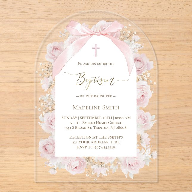 watercolor pink roses Baptism Acrylic Invitations (Front)