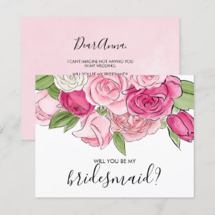 Watercolor Pink Roses Be My Bridesmaid Card