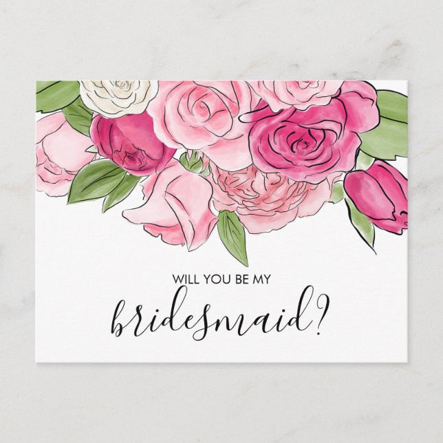 Watercolor Pink Roses Be My Bridesmaid Postcard (Front)