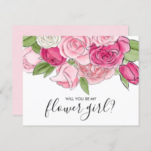 Watercolor Pink Roses Be My Flower Girl Card