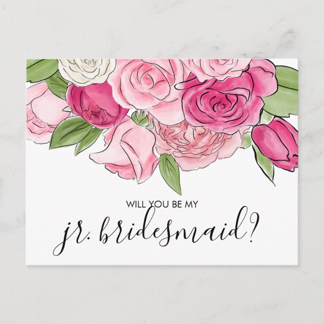 Watercolor Pink Roses Be My Jr Bridesmaid Postcard (Front)