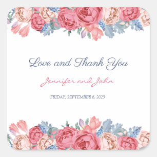 Watercolor Pink Roses & Blue Flowers Chic Wedding Square Sticker