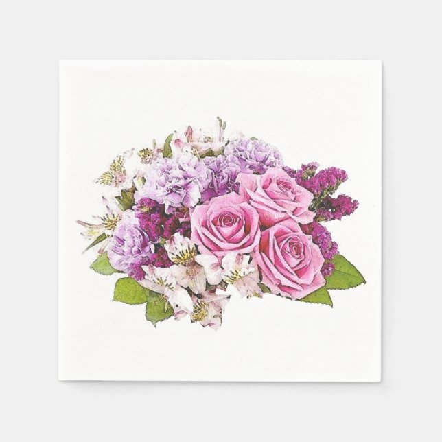 Watercolor Pink Roses Bouquet Floral Template Napkin (Front)