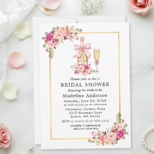 Watercolor Pink Roses Bow Bridal Shower Invitation