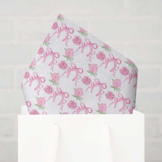 Watercolor Pink Roses & Bows Tissue Paper (Gift Bag)