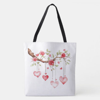 Watercolor Pink Roses Branch With Hanging Hearts Tote Bag