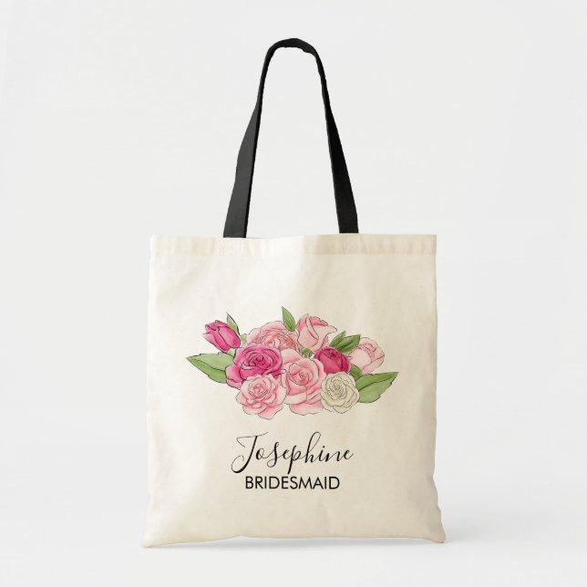 Watercolor Pink Roses Bridal Party Bridesmaid Tote (Front)