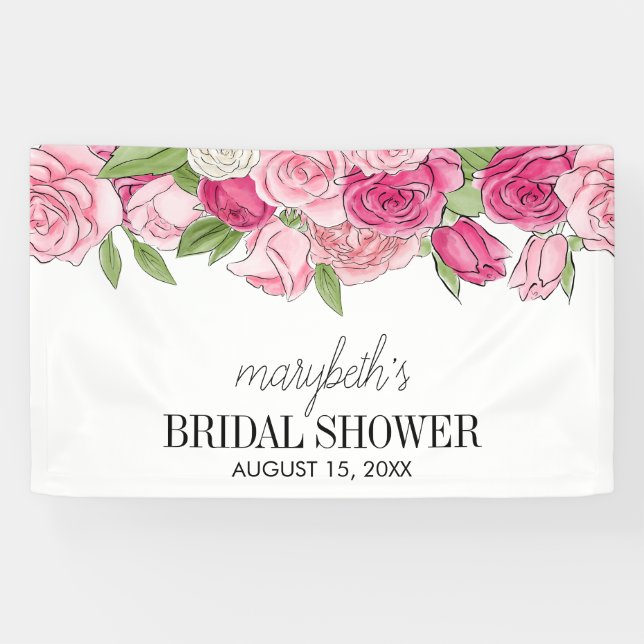 Watercolor Pink Roses Bridal Shower Banner (Horizontal)