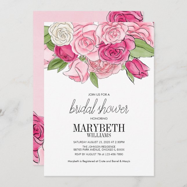 Watercolor Pink Roses Bridal Shower Invitation (Front/Back)