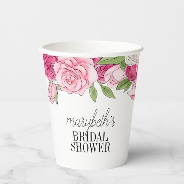 Watercolor Pink Roses Bridal Shower Paper Cup (Front)