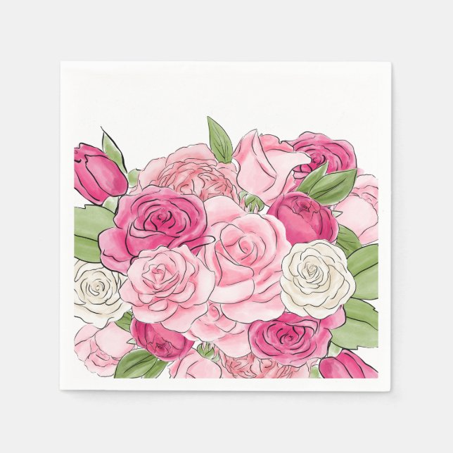 Watercolor Pink Roses Bridal Shower Paper Napkin (Front)