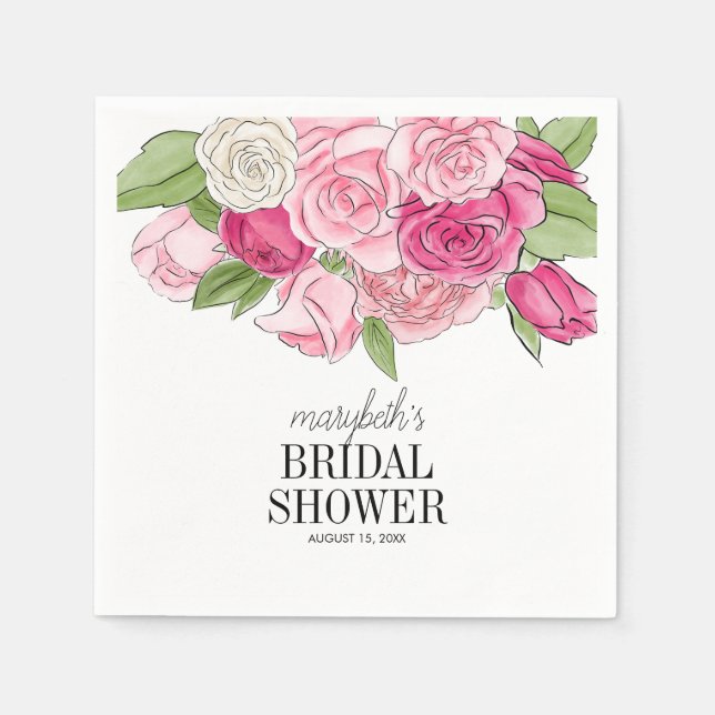 Watercolor Pink Roses Bridal Shower Paper Napkin (Front)