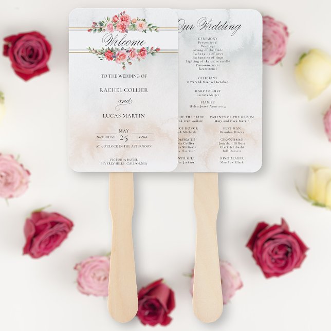 Watercolor Pink Roses & Calligraphy Program Hand Fan (Creator Uploaded)