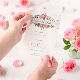 Watercolor Pink Roses & Calligraphy Save the Date Vellum Invitations
