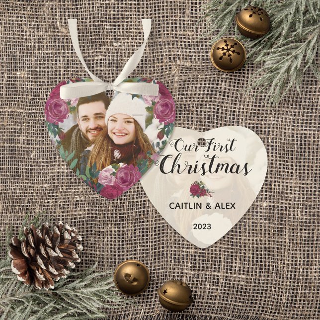 Watercolor Pink Roses Couple Photo First Christmas Ornament (Couple's First Christmas Keepsake Heart-Shaped Ornament with Photo, Names, and Year)