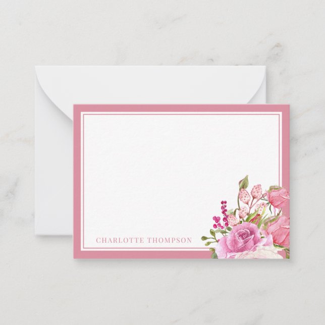 Watercolor Pink Roses Custom Name Note Card (Front)