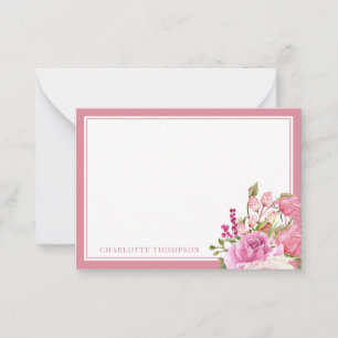 Watercolor Pink Roses Custom Name Note Card
