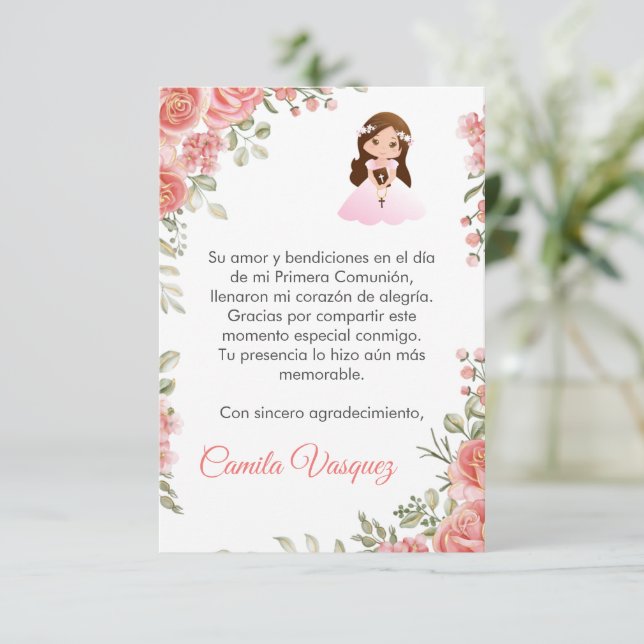Watercolor Pink Roses Cute First Communion Thank You Card (Standing Front)