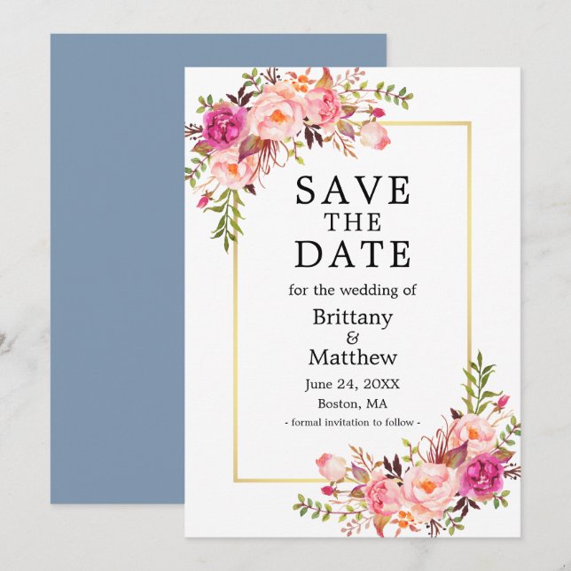 Watercolor Pink Roses Dusty Blue Save The Date (Front/Back)
