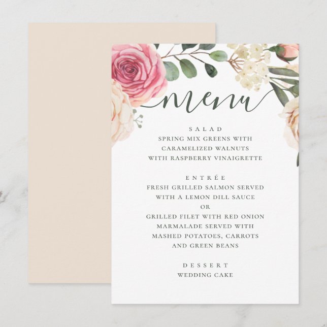 Watercolor pink roses. Elegant floral wedding Menu (Front/Back)