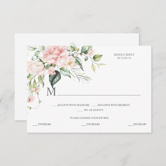 Watercolor Pink Roses Eucalyptus Botanical RSVP Card (Front/Back)