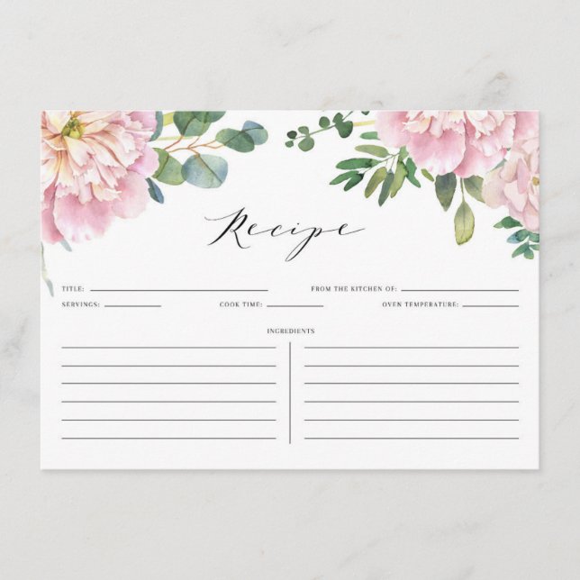 Watercolor Pink Roses & Eucalyptus Bridal Recipe Enclosure Card (Front)