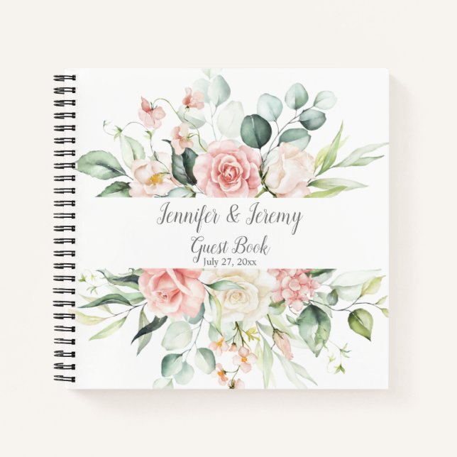 Watercolor Pink Roses Eucalyptus Guest Book (Front)