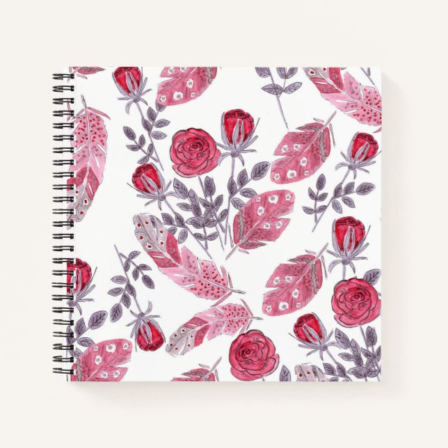 Watercolor pink roses feathers white notebook (Front)