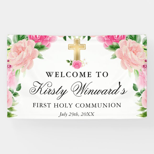 Watercolor Pink Roses First Holy Communion Banner (Horizontal)