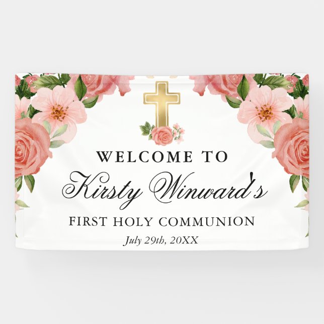 Watercolor Pink Roses First Holy Communion Banner (Horizontal)