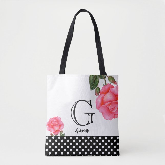 Watercolor Pink Roses Floral Art Monogram Tote Bag (Front)
