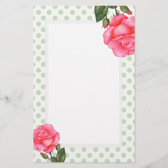 Watercolor Pink Roses Floral Art Polka Dot Stationery (Front)