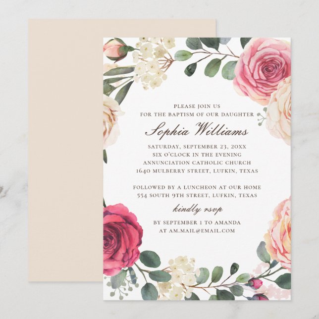 Watercolor pink roses. Floral garden baptism Invitation (Front/Back)