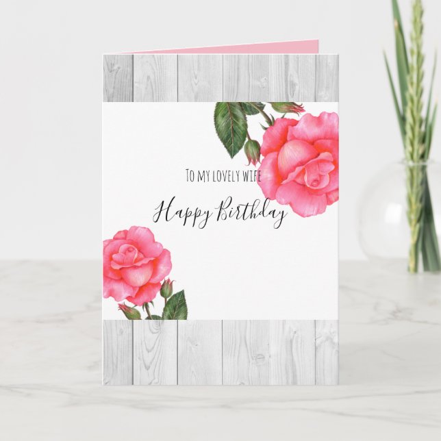 Watercolor Pink Roses Floral Happy Birthday Card (Front)