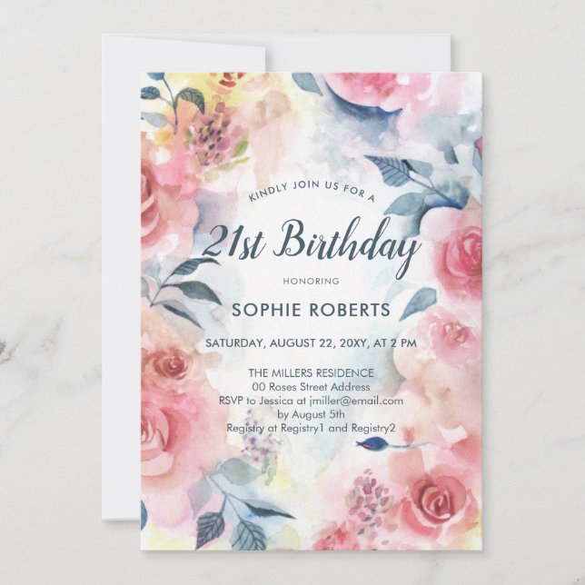 Watercolor Pink Roses Floral Romantic 21 Birthday Invitation (Front)