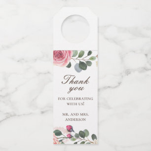 Watercolor pink roses. Floral wedding thank you Bottle Tag