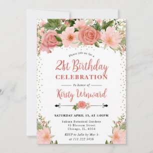 Watercolor Pink Roses Flowers 21st birthday Invitation