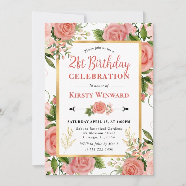 Watercolor Pink Roses Flowers 21st Birthday Invitation (Front)