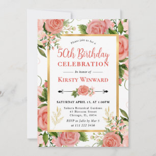Watercolor Pink Roses Flowers 50th Birthday Invitation
