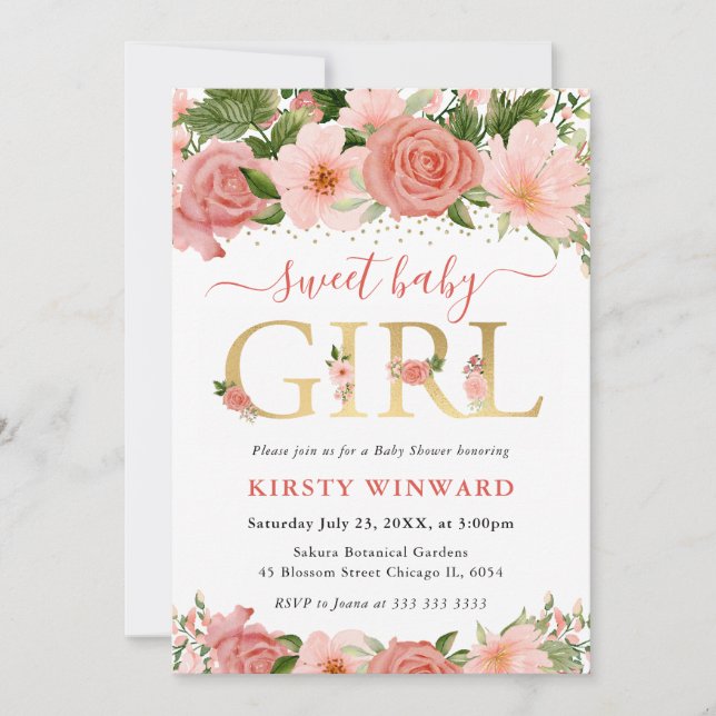 Watercolor Pink Roses Flowers Baby Shower Invitation (Front)