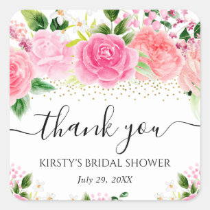 Watercolor Pink Roses Flowers Bridal Shower Square Sticker