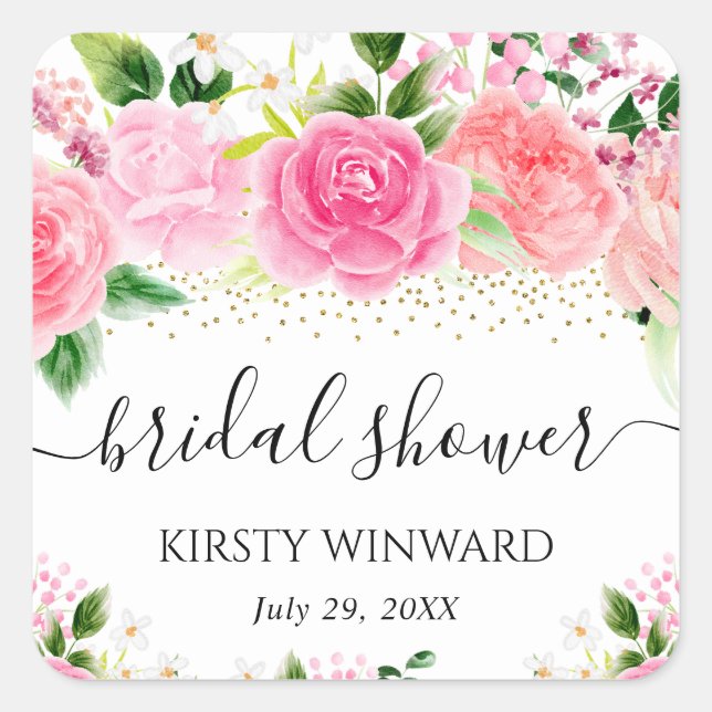 Watercolor Pink Roses Flowers Bridal Shower Square Sticker (Front)