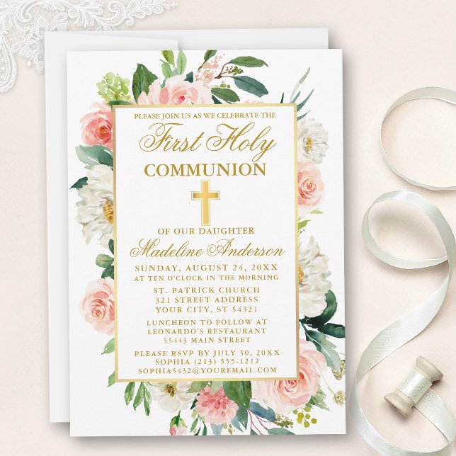 Watercolor Pink Roses Flowers Gold First Communion Invitation (Customize to change text size, style, color or to add more text or photos to back of card.)