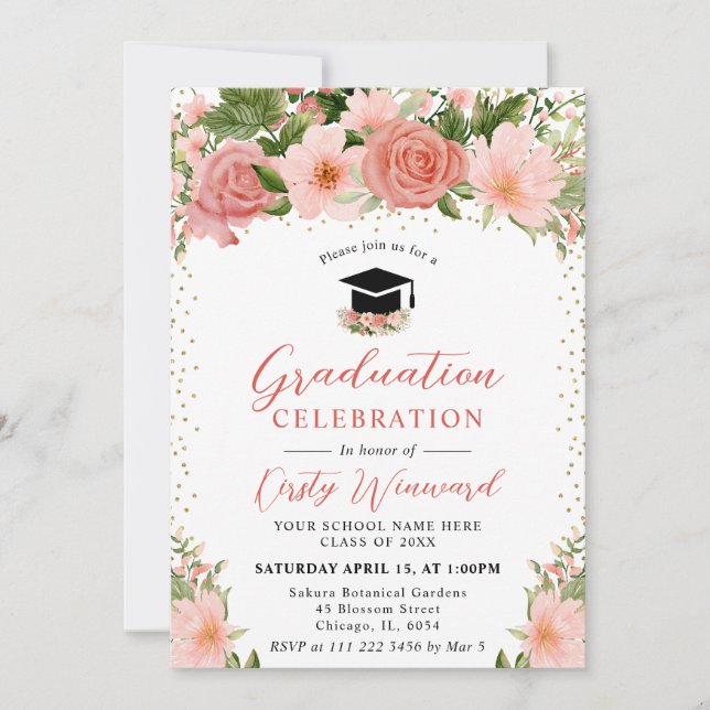 Watercolor Pink Roses Flowers Graduation Invitation (Front)