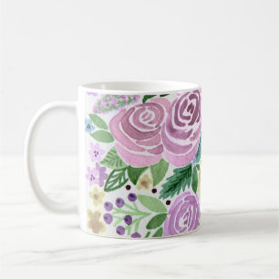 Watercolor pink roses flowers green leaves white e coffee mug