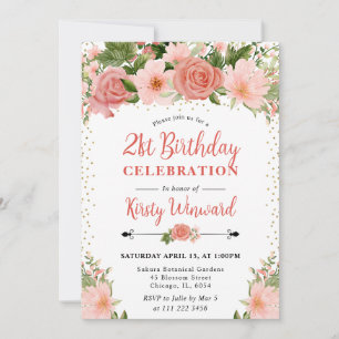 Watercolor Pink Roses Flowers Photo 21st birthday Invitation