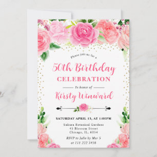 Watercolor Pink Roses Flowers Photo 50th birthday Invitation